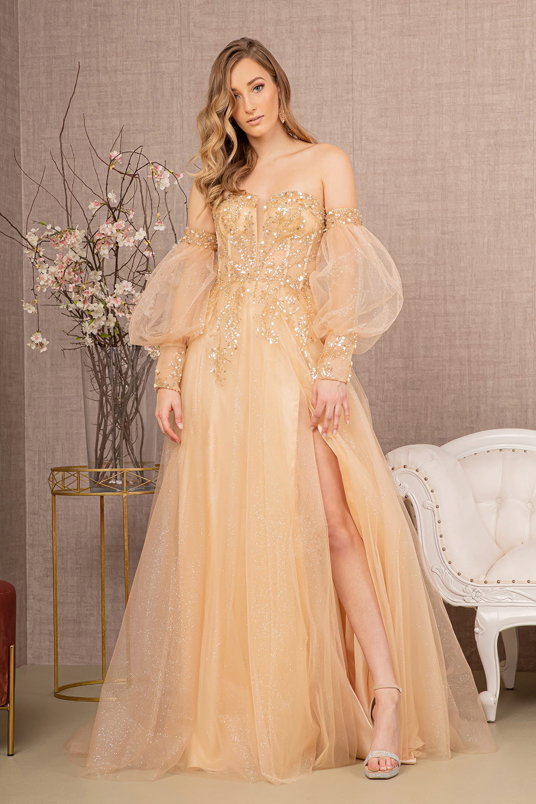 Sequin Glitter Sheer Bodice Illusion Sweetheart A-line Mesh Long Prom Dress GLGL3118-6